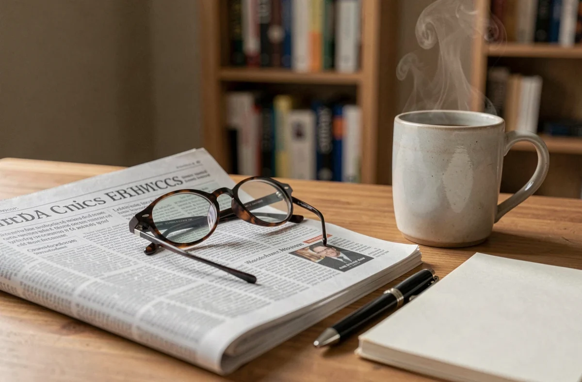Gros plan sur un journal ouvert avec des lunettes et un café, évoquant la réflexion sur l'éthique médiatique et la vie privée