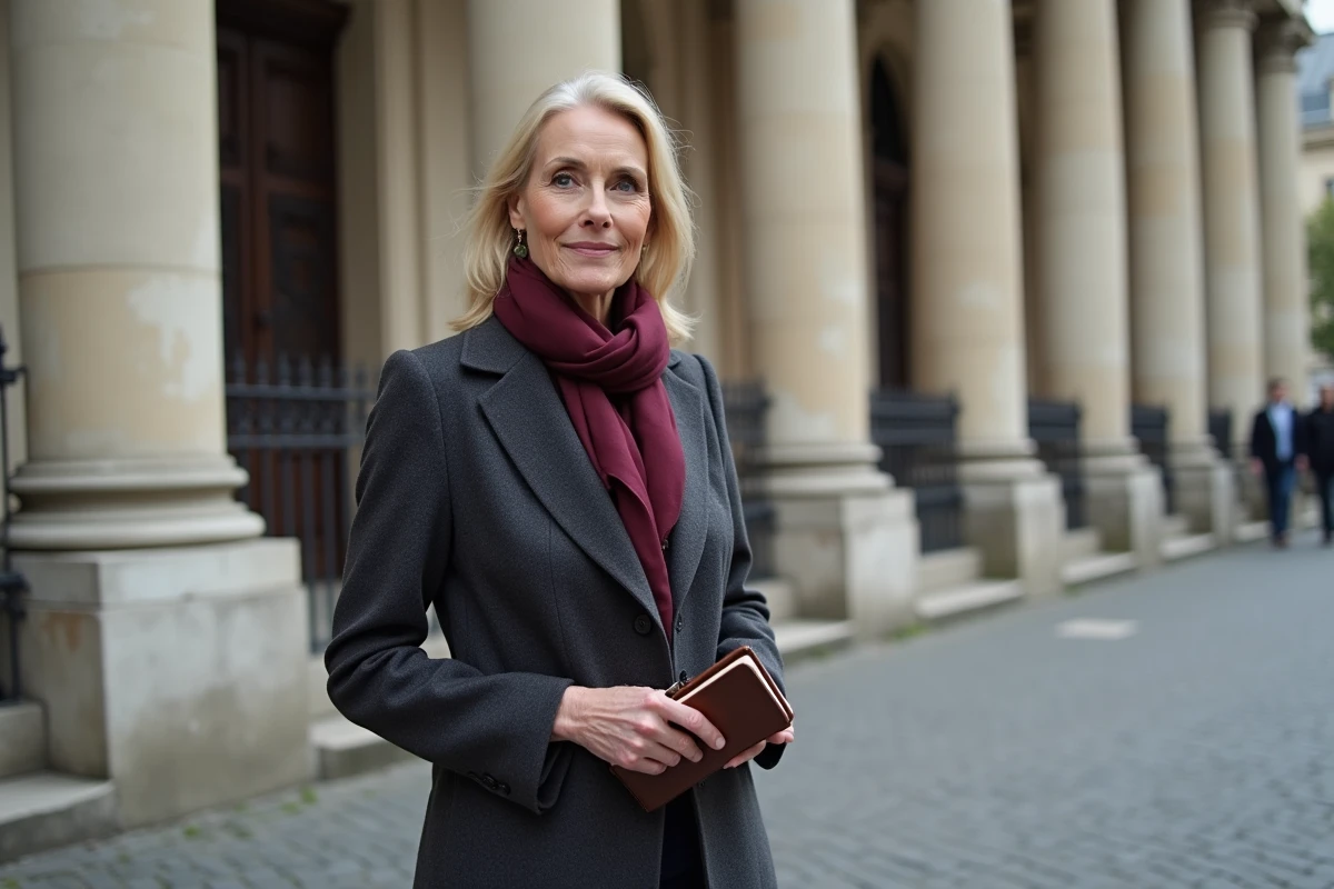 Femme journaliste devant un bâtiment institutionnel parisien, carnet en main, symbolisant l'accès aux sources et les coulisses du pouvoir politique
