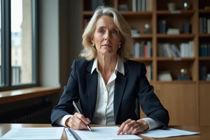 Journaliste française expérimentée analysant des documents dans un bureau parisien moderne, illustrant la discrétion et le professionnalisme médiatique