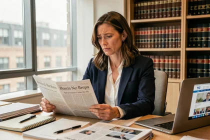 Journaliste féminine réfléchissant à des articles de presse sur son bureau, illustrant les questions éthiques posées par les médias