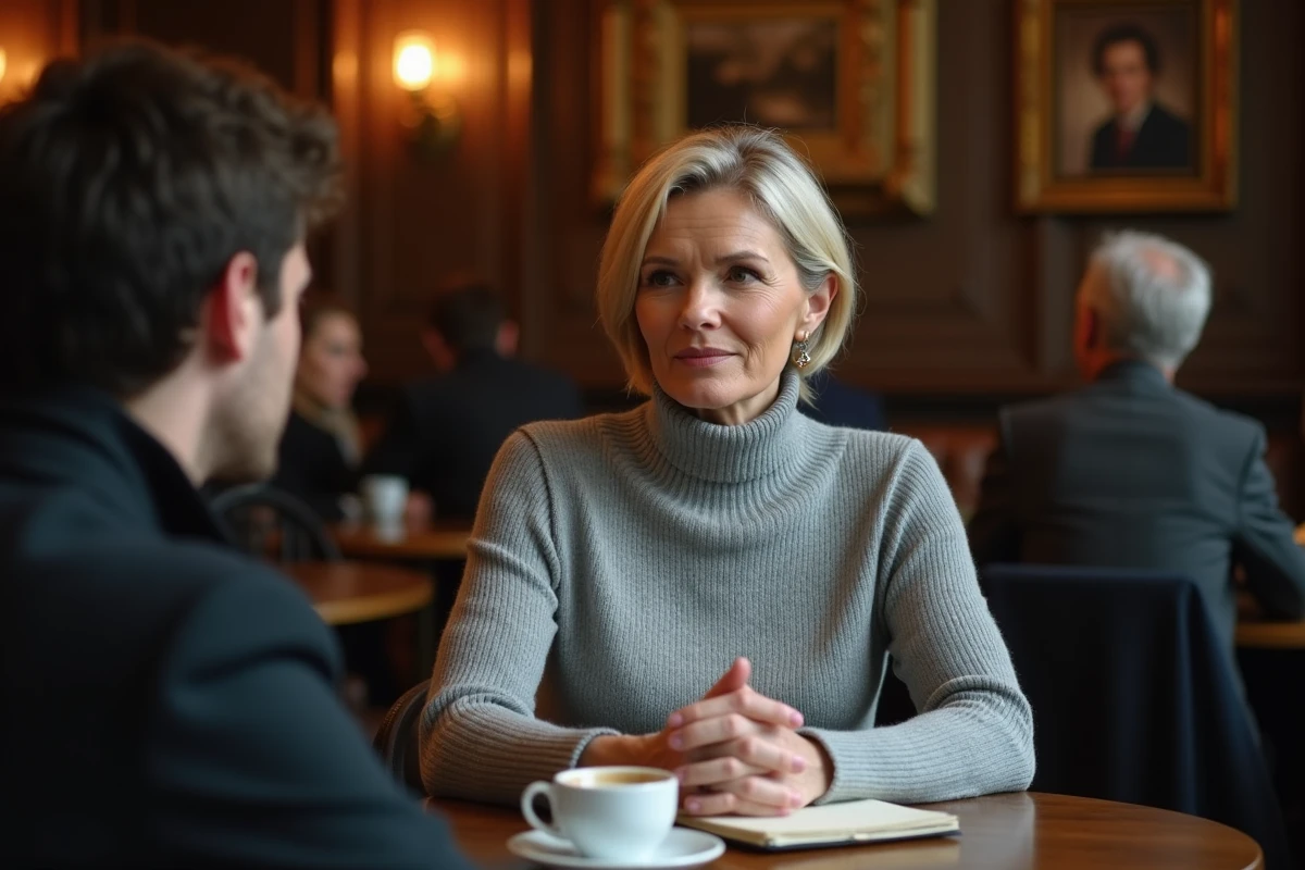 Journaliste en entretien discret dans une brasserie parisienne traditionnelle, illustrant le travail de terrain et la collecte d'information en coulisses