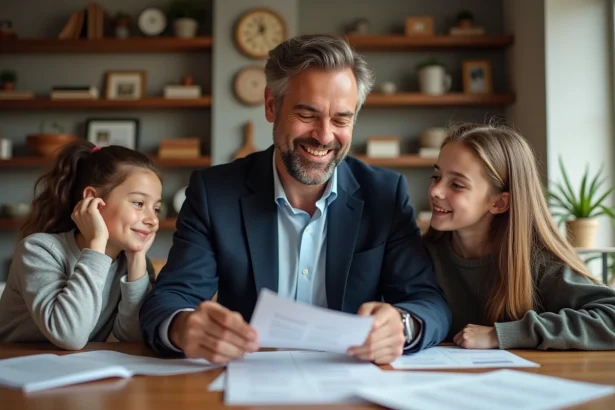 Journaliste souriant avec enfants dans un intérieur chaleureux