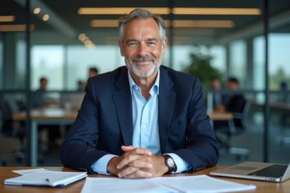 Portrait éditorial d'un journaliste professionnel expérimenté assis à son bureau dans une salle de rédaction moderne