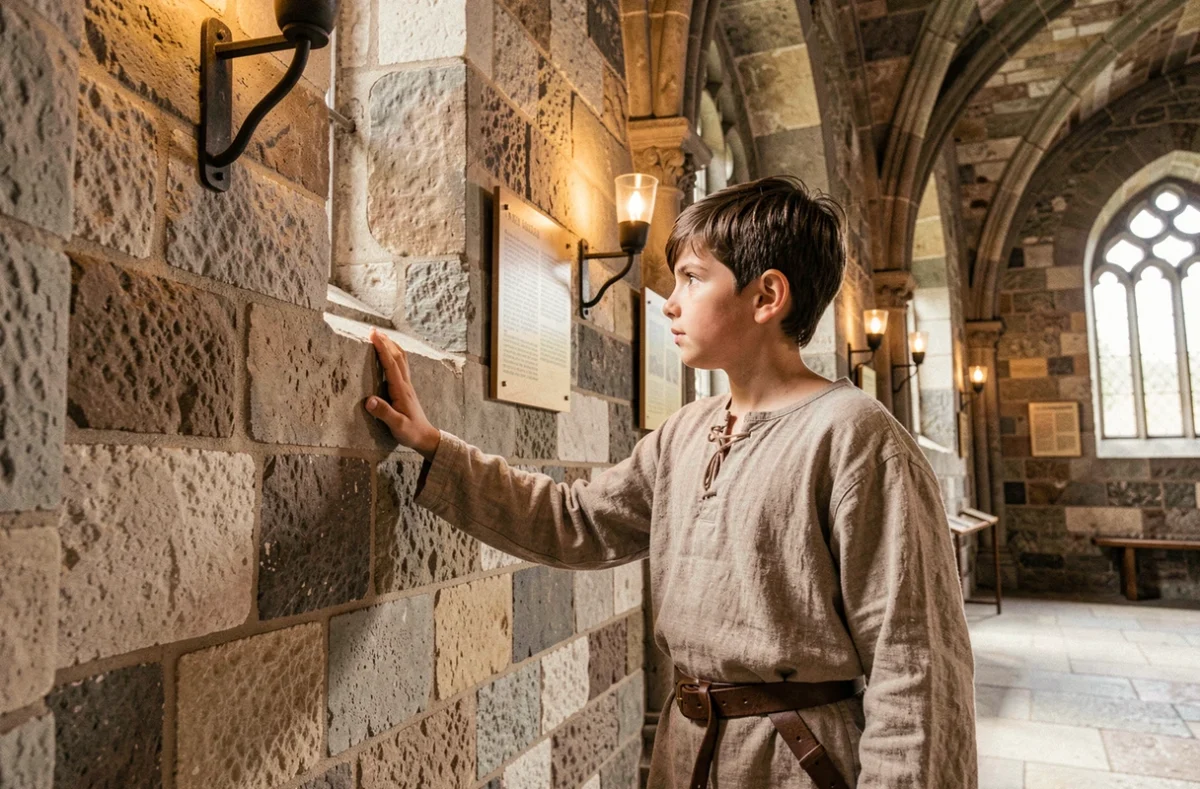 Un garçon en costume médiéval touchant un mur en pierre ancienne lors des Journées européennes du patrimoine en Isère