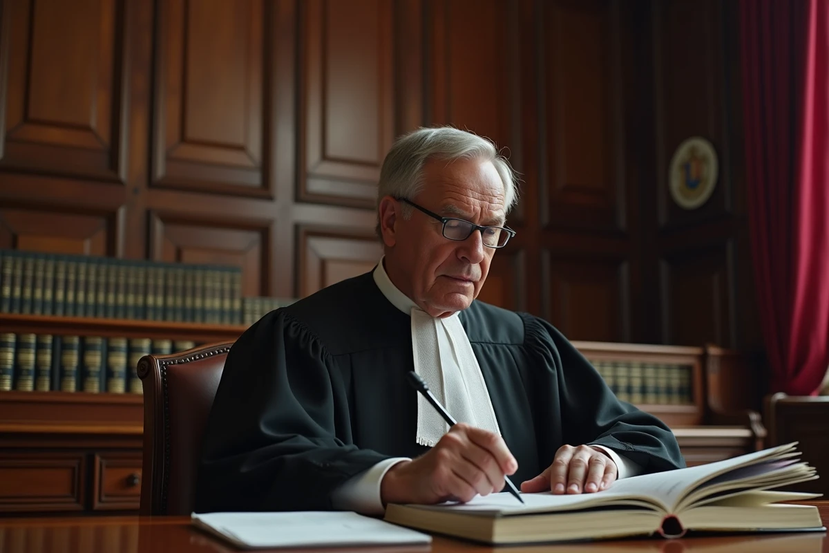 Juge consultant un dossier juridique relatif à la protection d'un enfant en danger dans un tribunal français