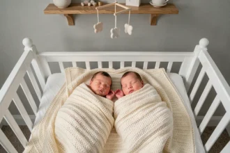 Deux bébés jumeaux endormis côte à côte dans un berceau en bois blanc, enveloppés dans des couvertures en tricot ivoire dans une chambre douce et apaisante