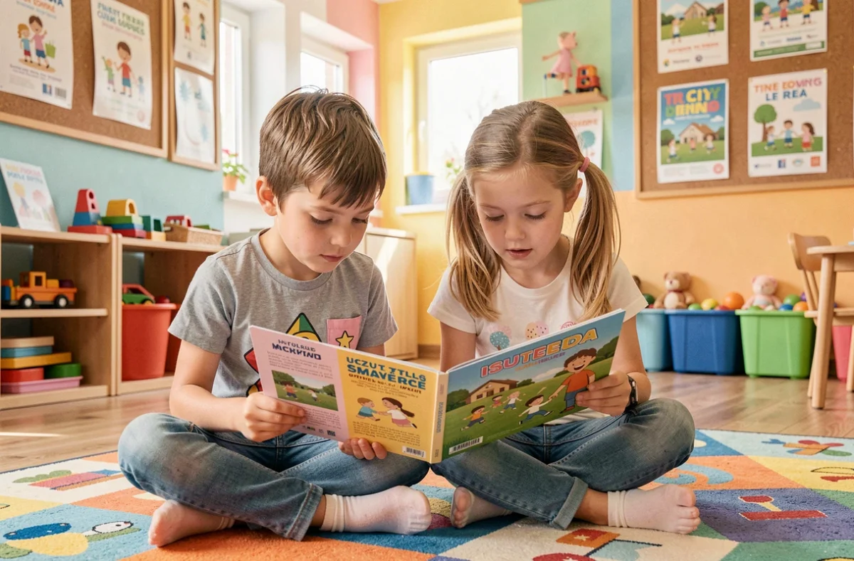 Deux enfants feuilletant le guide Kidiklik Isère dans un espace familial coloré pour découvrir les activités locales