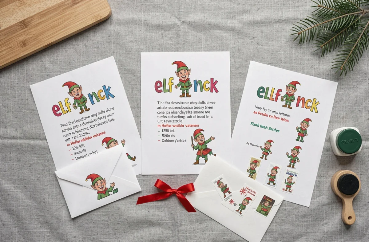 Kit complet lettre lutin farceur à imprimer avec enveloppes décorées et timbres fantaisie disposés en flatlay