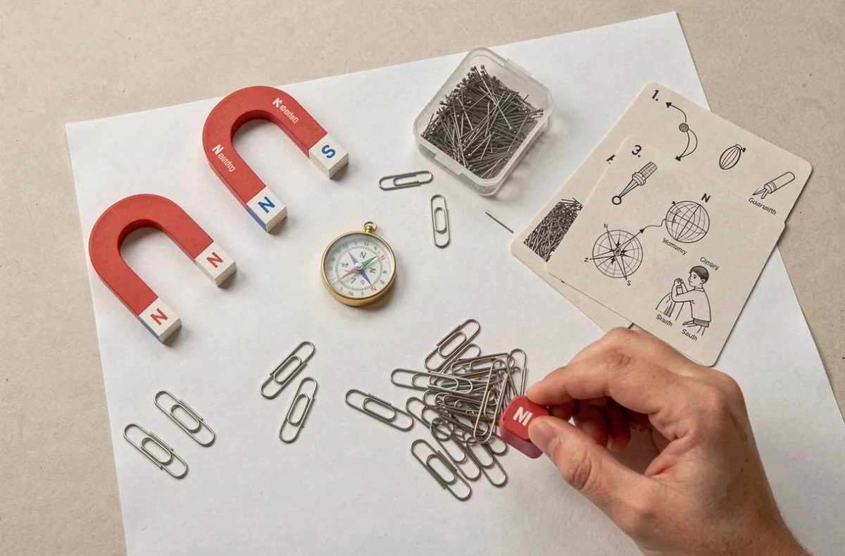 Vue du dessus d'un kit éducatif sur le magnétisme avec aimants, boussole et limailles de fer sur un bureau blanc