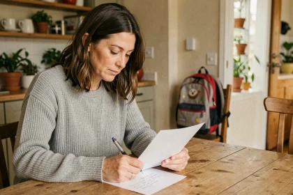 Mère rédigeant une lettre d'absence scolaire pour son enfant à la table de la cuisine familiale
