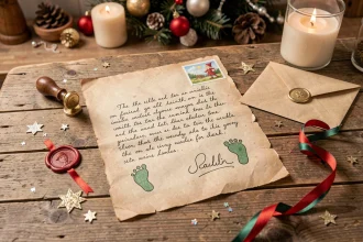 Lettre de lutin farceur imprimée sur parchemin avec enveloppe décorée et timbre fantaisie sur table en bois rustique