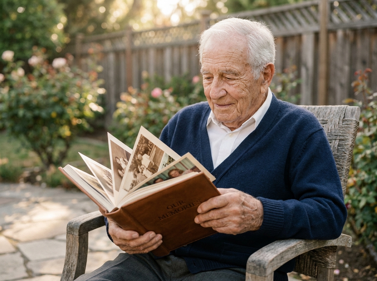 Homme âgé tenant un livre souvenir personnalisé avec photos de famille dans un jardin
