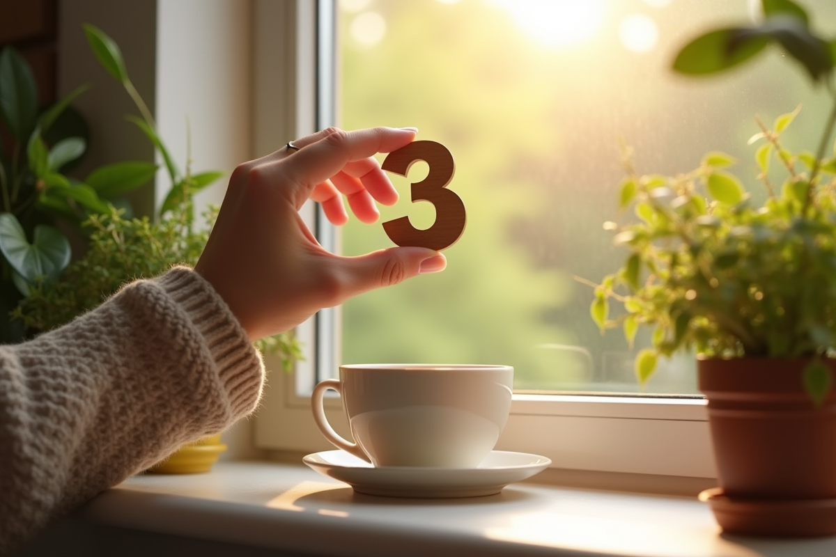 Main posant un chiffre 3 en bois sur une fenêtre en matinée lumineuse