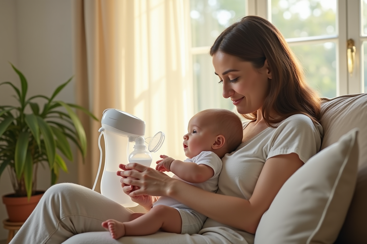 Jeune maman avec bébé utilisant un tire-lait dans le salon