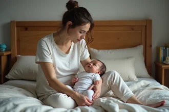 Jeune maman fatiguée avec son bébé dans la chambre