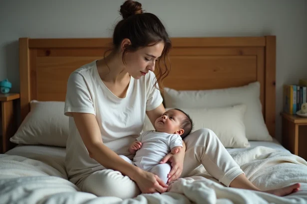 Jeune maman fatiguée avec son bébé dans la chambre