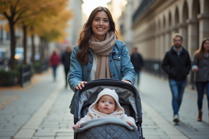 Jeune maman avec bébé en poussette en ville