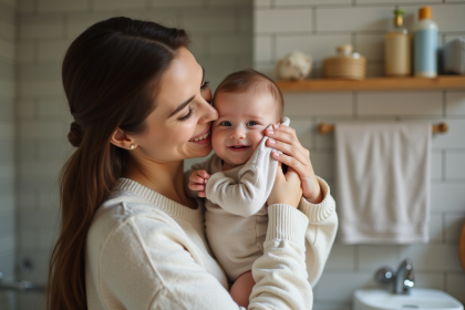 Jeune maman nettoie tendrement son bébé dans la salle de bain