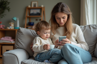 Maman anxieuse avec son enfant dans un salon familial