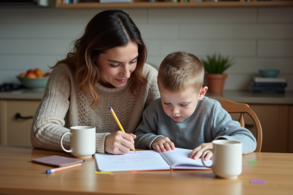Maman et son enfant de 9 ans faisant leurs devoirs à la cuisine