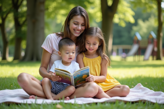 Maman lit avec ses enfants dans un parc en été