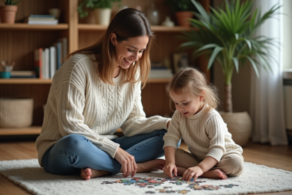Femme et fille assemble un puzzle dans un salon chaleureux