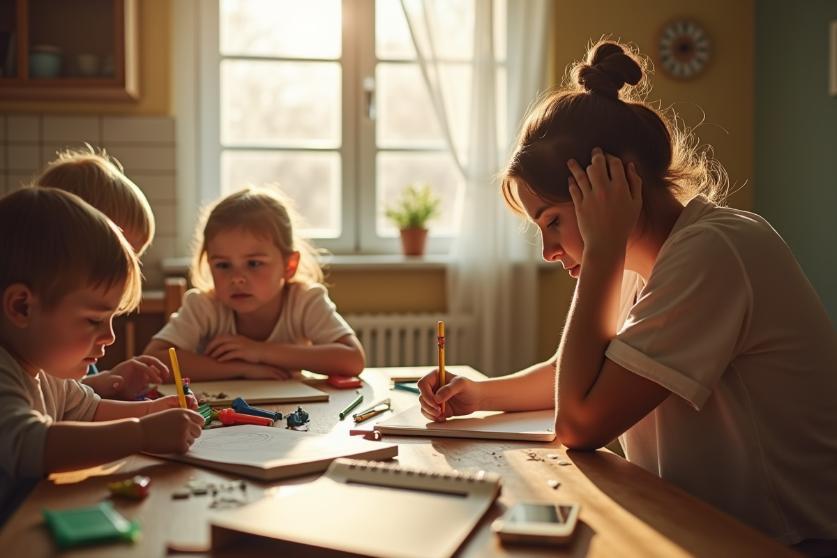 Maman fatiguée assise à la table avec enfants et devoirs