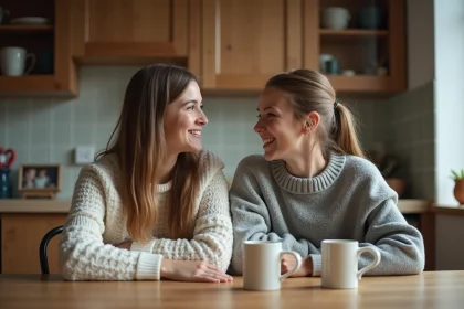 Fille adolescente et m&egrave;re partageant un moment dans la cuisine chaleureuse