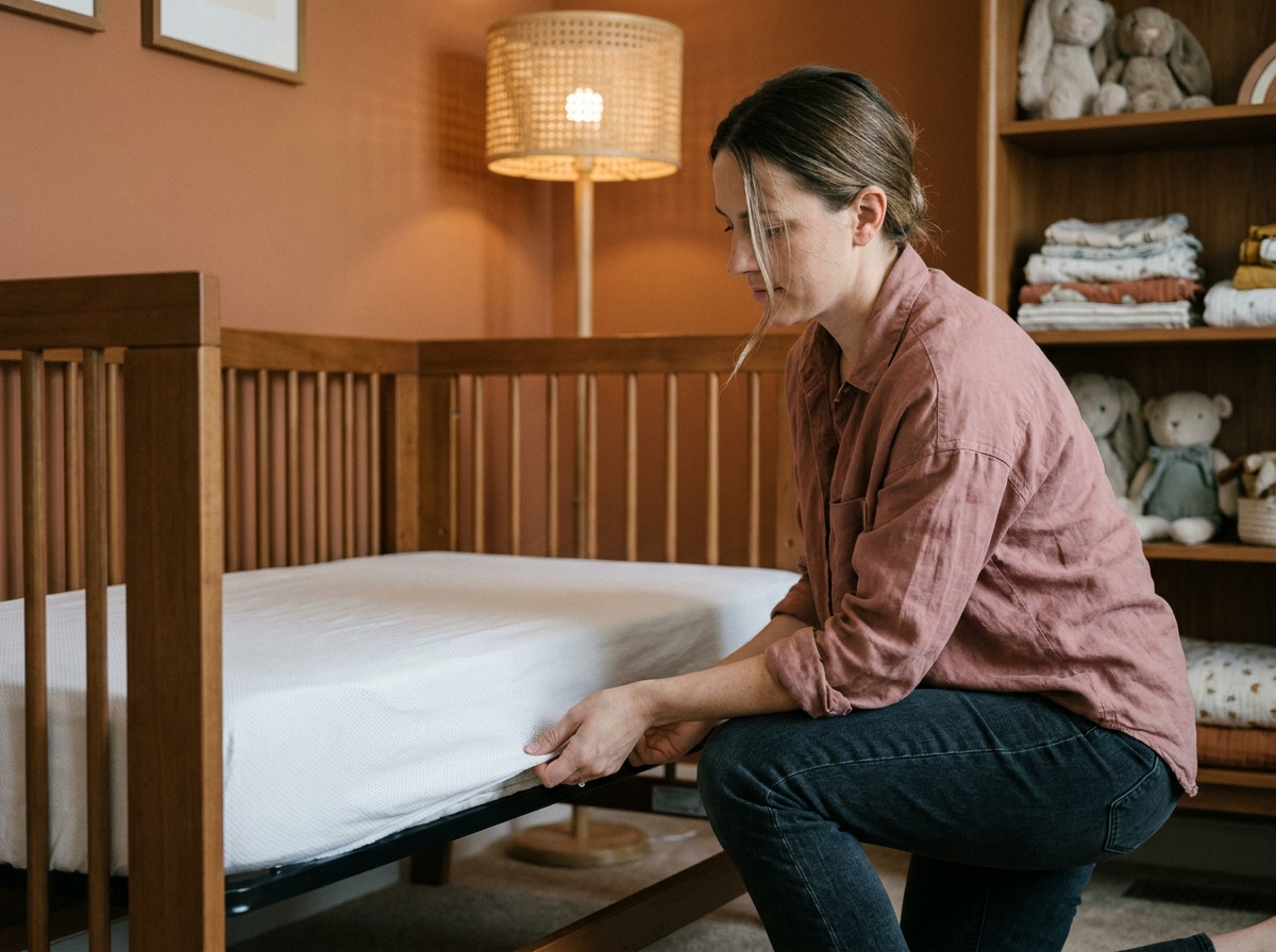 Maman installant le drap du lit bébé évolutif dans une chambre décorée tons terre cuite