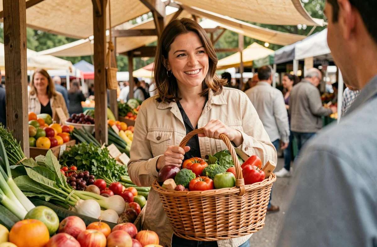 Maman faisant ses courses au marché local avec un panier en osier, choisissant des légumes frais et de saison pour une consommation responsable