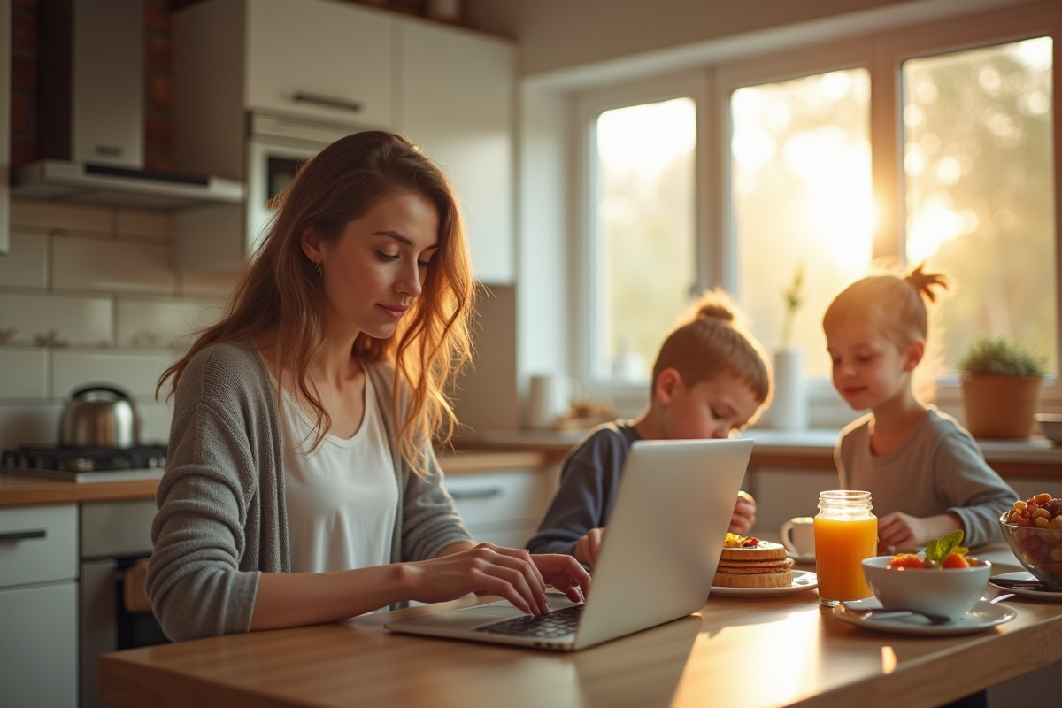 Maman multitasking dans la cuisine moderne avec enfants