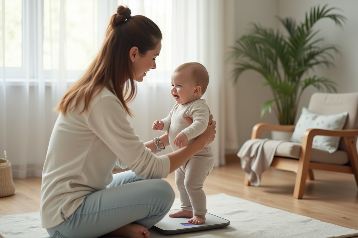 Maman pèse son bébé souriant dans un salon lumineux