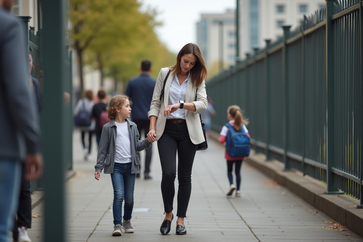 Maman pressée avec son enfant devant l école en ville