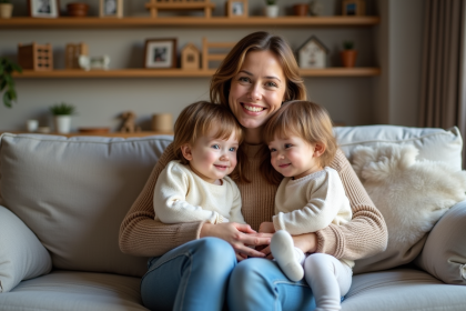 Maman avec ses jumeaux dans un salon chaleureux