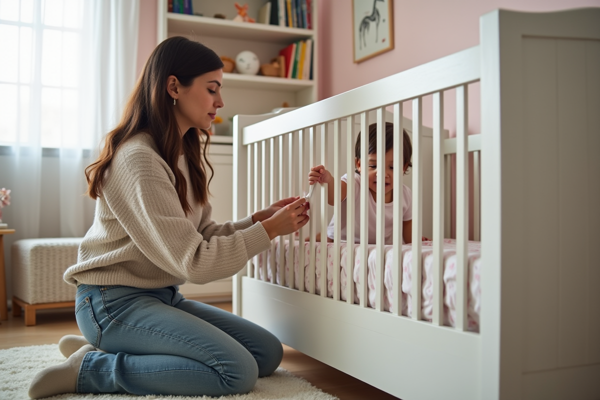 Maman ajuste les barrières de lit auprès de son bébé