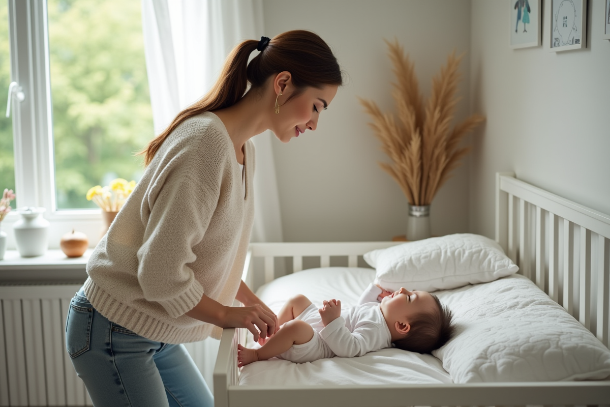 Maman vérifiant son bébé endormi dans un lit moderne