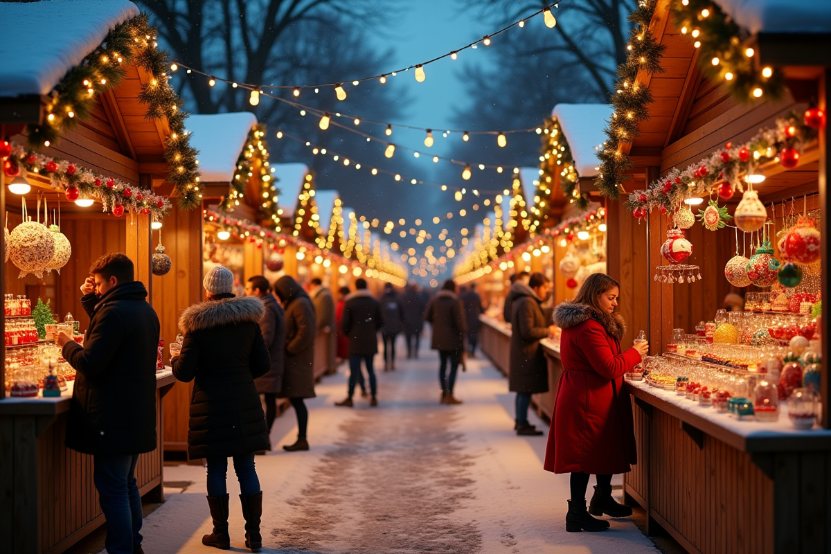 Marché de Noël en extérieur avec lumières et neige tombante