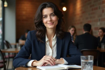 Femme journaliste française élégante dans un café parisien, regard introspectif évoquant la vie privée et la discrétion