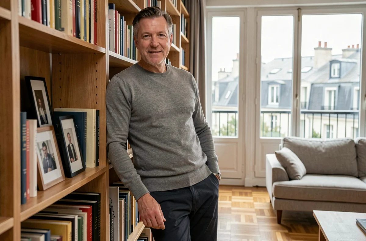 Homme discret posant dans un appartement parisien moderne, représentant le profil du mari mystérieux d'Amandine Atalaya