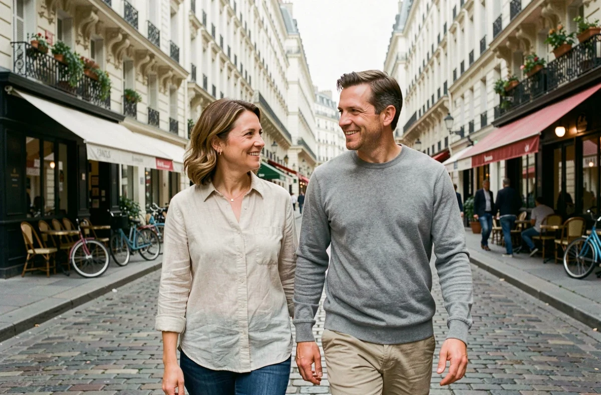 Couple parisien marchant sur une rue pavée, évoquant la relation discrète et complice du mari de Juliette Plumecocq-Mech