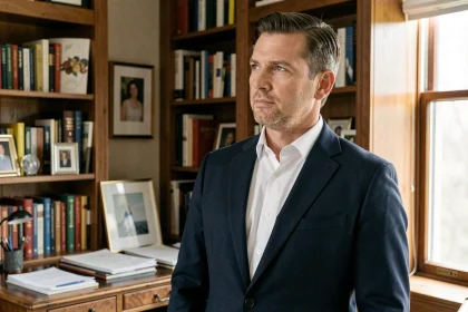 Portrait intimiste d'un homme en blazer marine dans un bureau à domicile au style chaleureux, illustrant la vie privée du mari de Juliette Plumecocq-Mech
