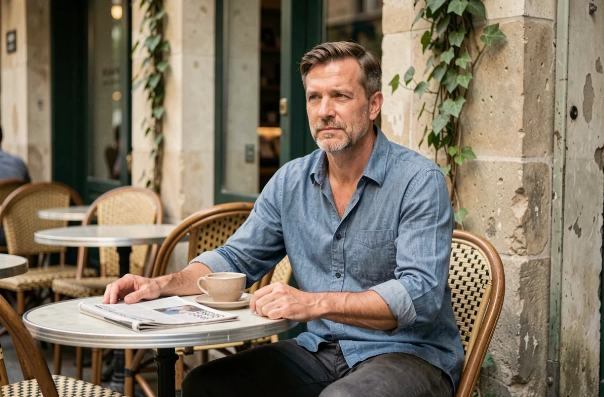 Homme discret assis en terrasse de café parisien avec journal et café, portrait authentique illustrant la personnalité réservée du mari de Juliette Plumecocq-Mech