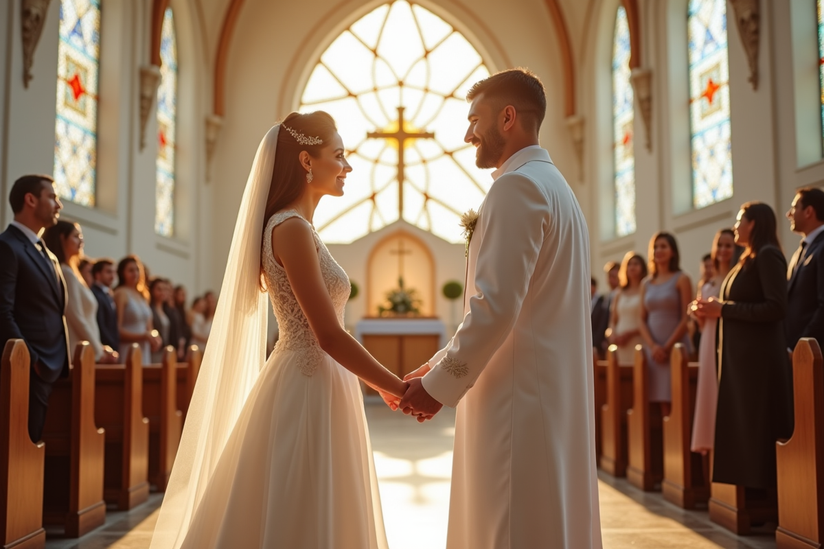 Couple de mariage interreligieux main dans la main devant église et mosquee