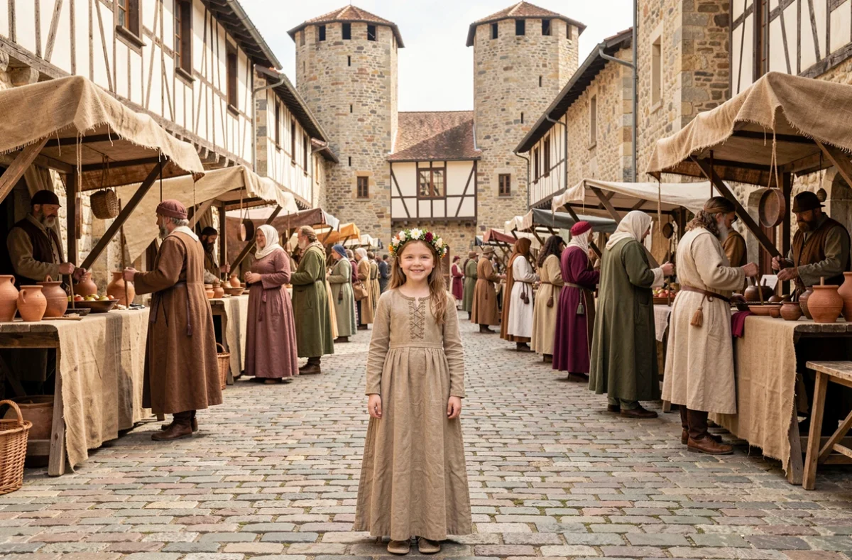 Une fillette en costume médiéval dans la cour historique de Crémieu lors des Médiévales, entourée de marchands en costume d'époque