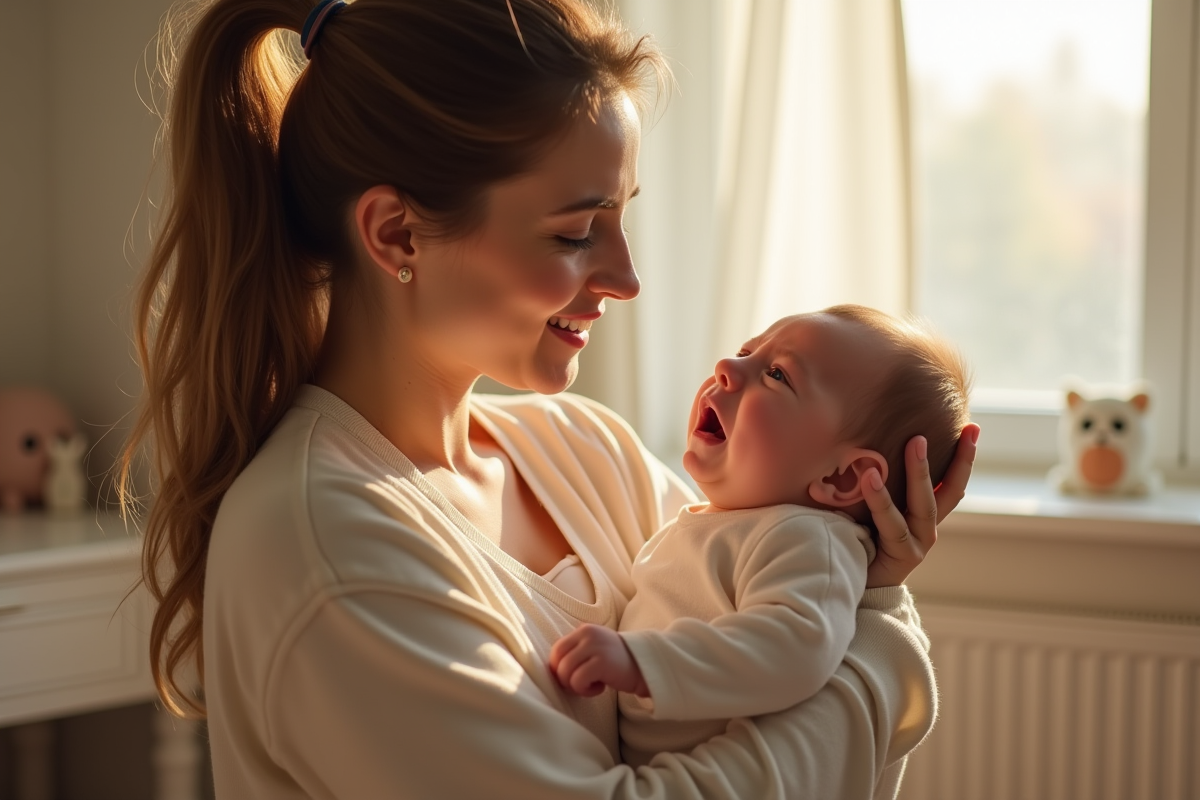 Jeune mère réconforte son bébé dans une nurserie lumineuse