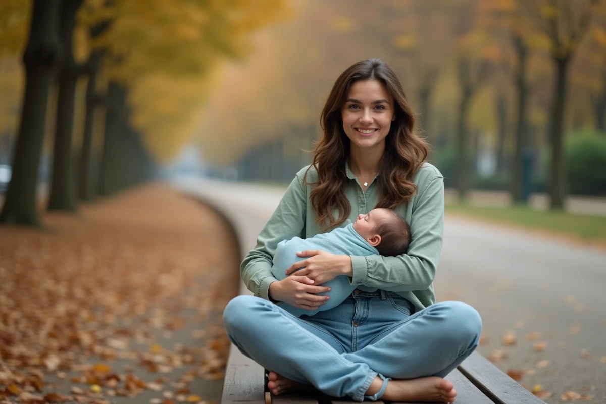 Mère assise sur un banc de parc en automne, protégeant le visage de son bébé des regards extérieurs