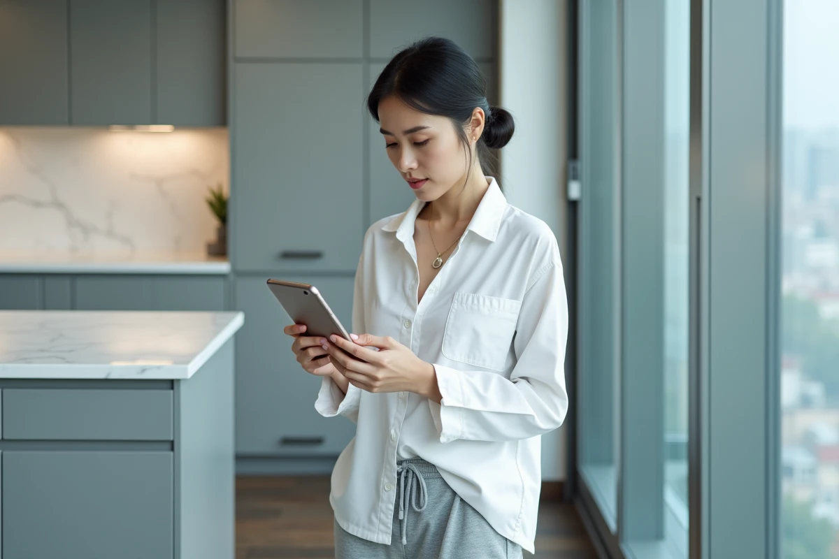 Jeune femme consultant son smartphone dans une cuisine moderne, choisissant avec soin les photos de son bébé à publier