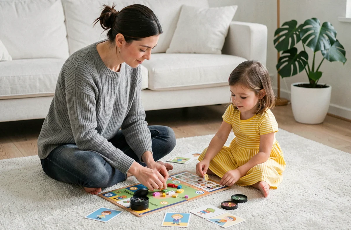 Mère et fille jouant ensemble à un jeu de société éducatif sur le magnétisme dans un salon moderne