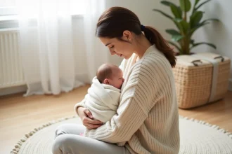 Jeune mère tenant son nouveau-né contre elle de dos, dans un salon minimaliste chaleureux, protégeant son bébé des regards
