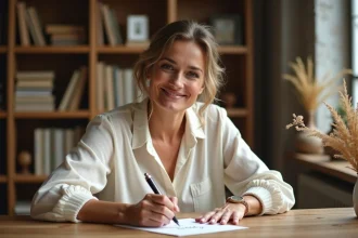Femme écrivant un message manuscrit d'anniversaire 40 ans sur une carte postale avec un stylo plume, dans un bureau en bois chaleureux